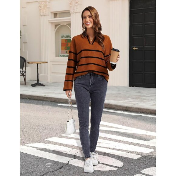 Women’s  Caramel Fall Polo Sweater Striped V Neck Long Sleeve Pullover - Picture 5 of 6